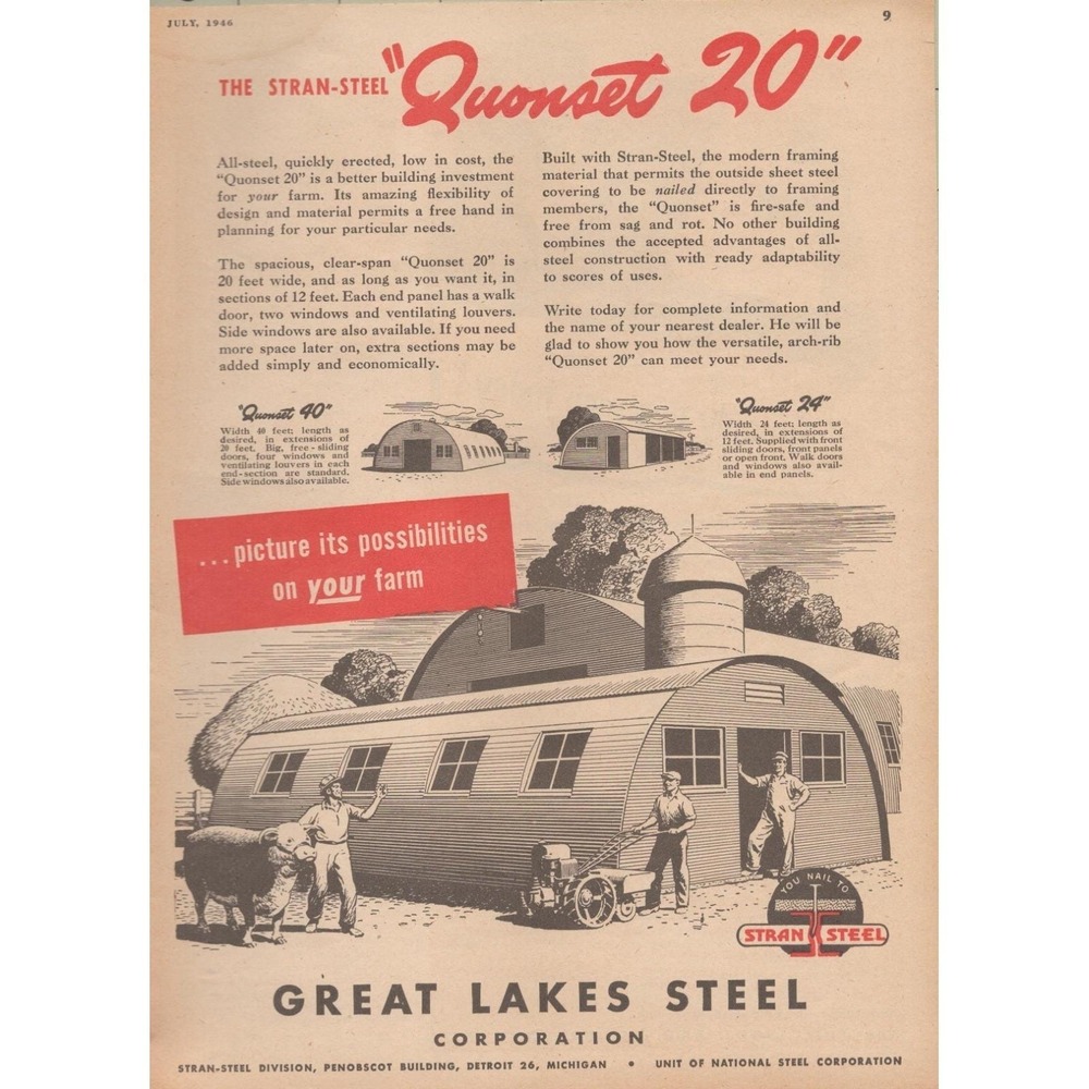 1946 Great Lakes Steel Quonset Farm Building Vintage Print Ad Agricultural Barn